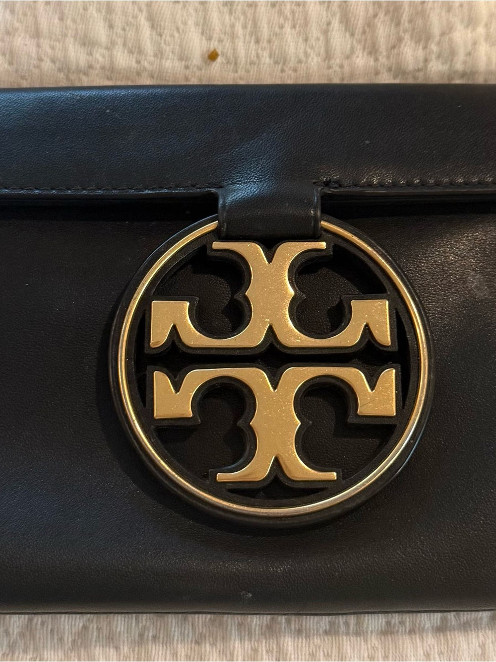 Tory Burch Black Leather Clutch with Gold Logo Medallion gently used